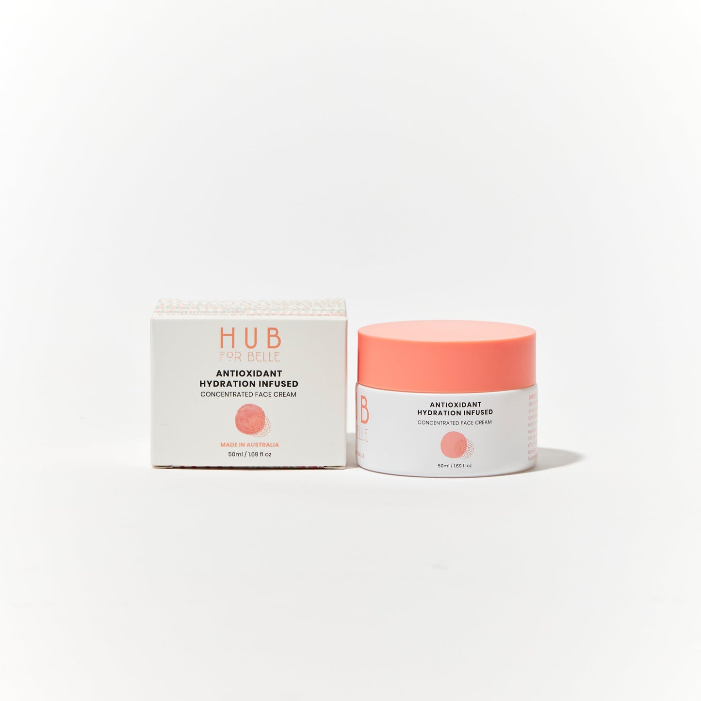 Hub for Belle Antioxidant hydration infused moisturiser containing Waratah flower, Kakadu Plum, Vitamin E and Jojoba package and jar front view
