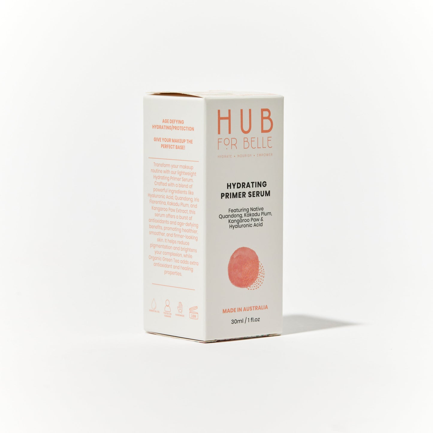 Hub for Belle Hydrating Primer Serum product containing Quandong, Kakadu Plum, Kangaroo Paw oil and Hyaluronic Acid package side view