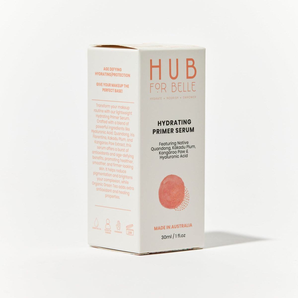Hub for Belle award winning natural Hydrating Primer Serum product containing Quandong, Kakadu Plum, Kangaroo Paw oil and Hyaluronic Acid package side view