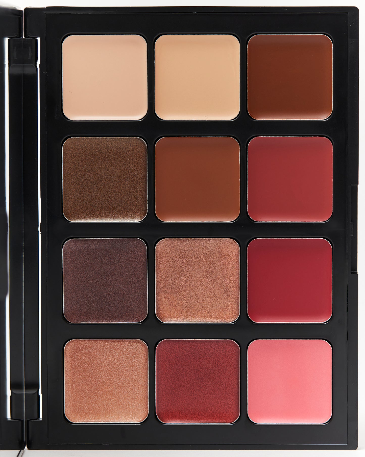 Hub for Belle cream Drama Mama all in one makeup palette close up front view of packaging for bronzer, blush, eyeshadow, concealer and highlighter creams