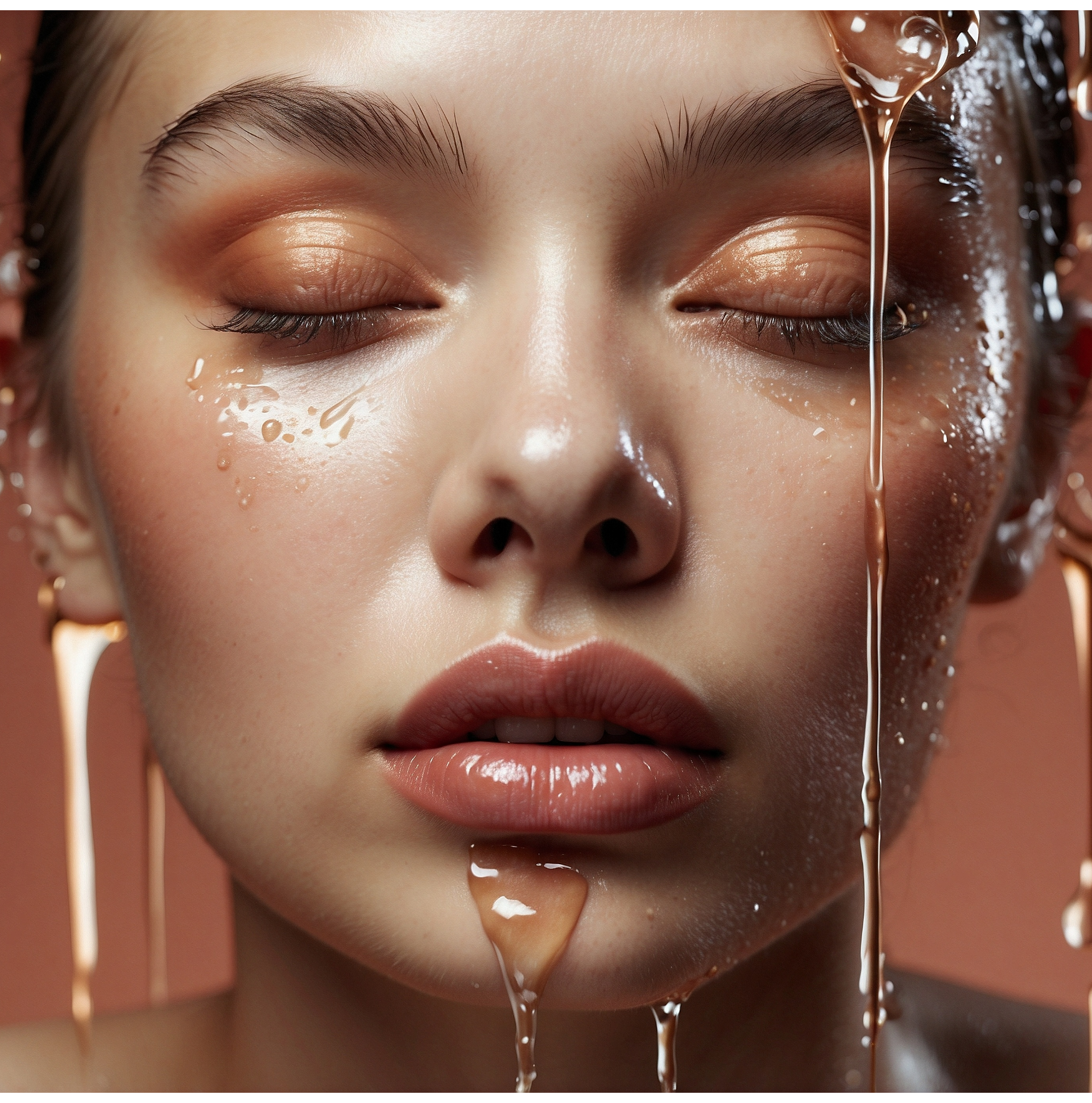 Model with oil pouring onto face