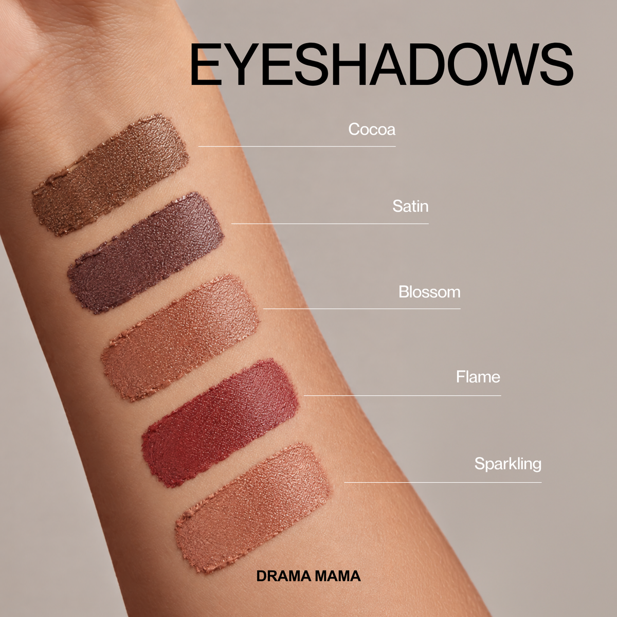 A close-up of an arm showing five eyeshadow swatches labeled Cocoa, Satin, Blossom, Flame, and Sparkling, with the text 'EYESHADOWS' and 'DRAMA MAMA' on a neutral beige background. Makeup by Hub for Belle