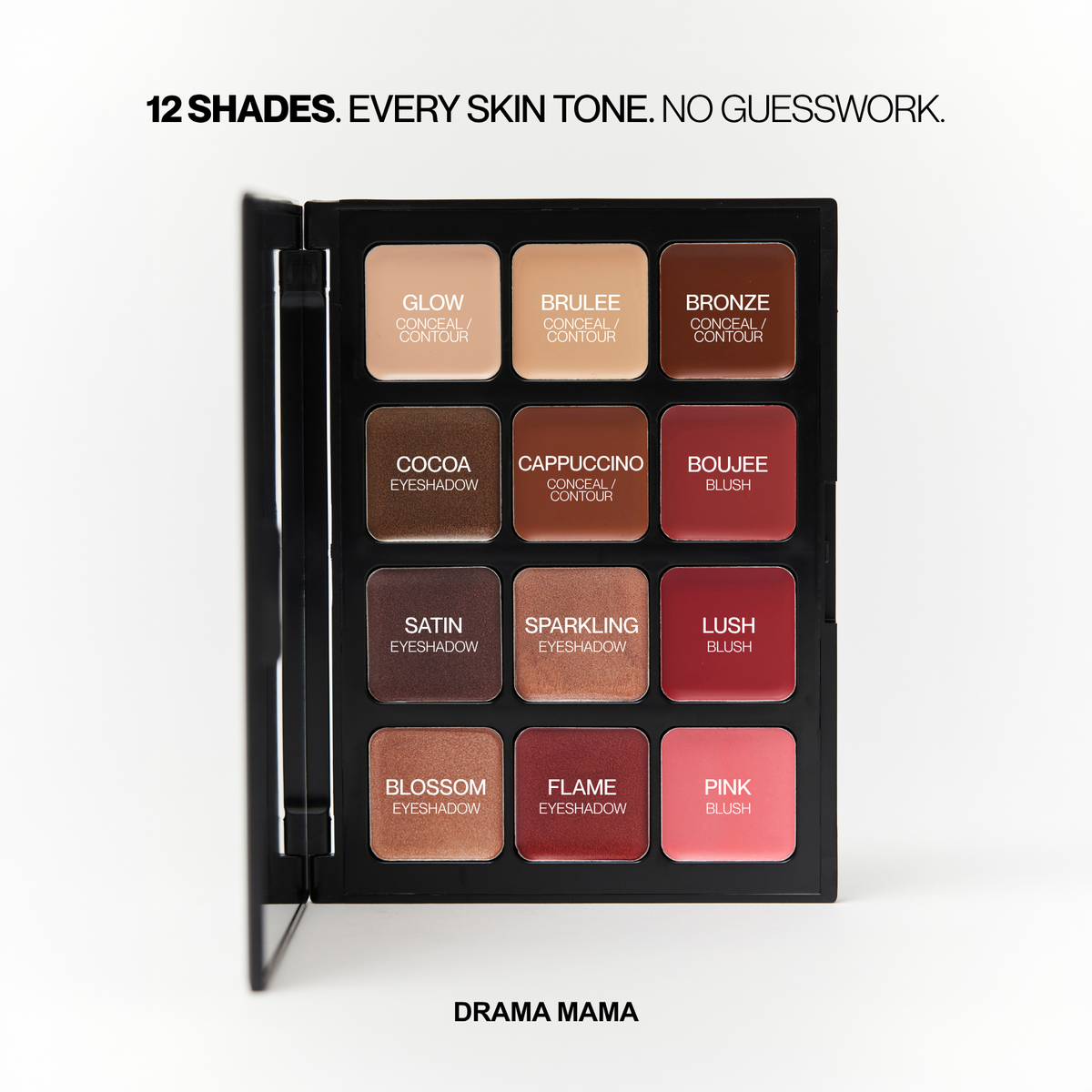 An open Hub for Belle cream all in one makeup palette with bronzer, blush, eyeshadow, concealer and highlighter creams for quick application eyeshadow palette with 12 square pans in various warm shades, displayed on a clean white background with text reading '12 SHADES. EVERY SKIN TONE.