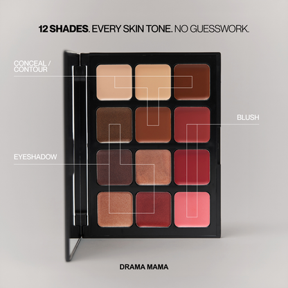 An open makeup palette labeled 'DRAMA MAMA' Makeup by Hub for Belle on a light gray background, showing 12 square eyeshadow blush and concealer pans in warm neutral and pink shades. Text at the top reads '12 SHADES.