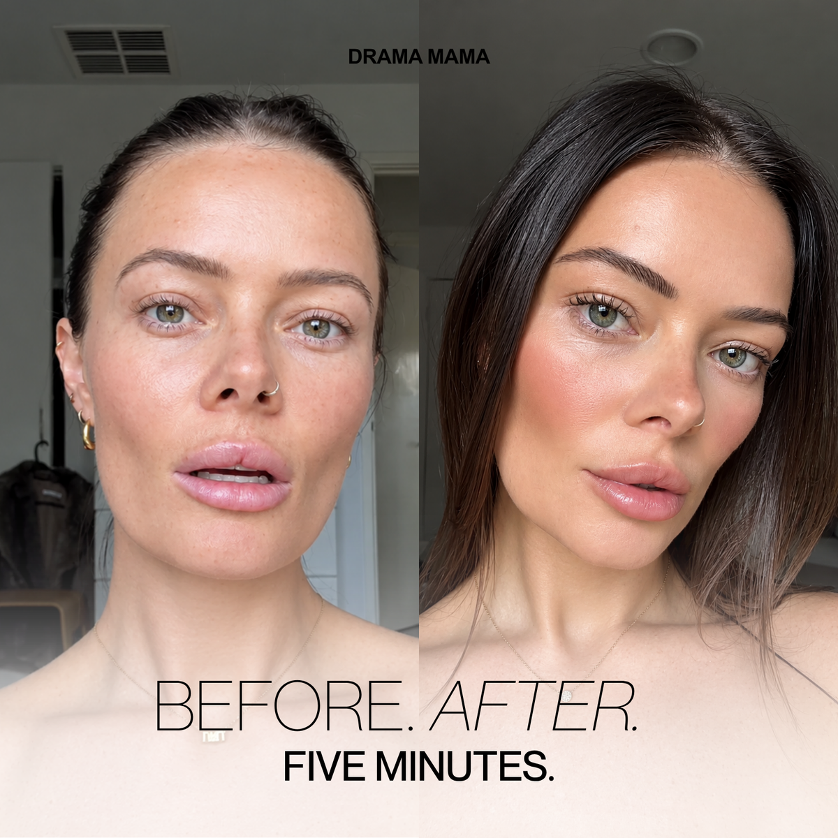 Before and after makeup comparison of a woman with dark hair, showing natural skin on the left and full-coverage makeup on the right. Text overlays read 'DRAMA MAMA' and 'BEFORE. By Hub for Belle