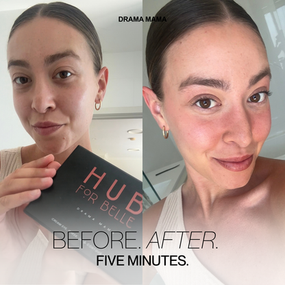 Before and after beauty comparison featuring a woman with her hair pulled back, holding a black HUB FOR BELLE makeup palette. Text overlays read 'DRAMA MAMA' and 'BEFORE. Makeup by Hub for Belle