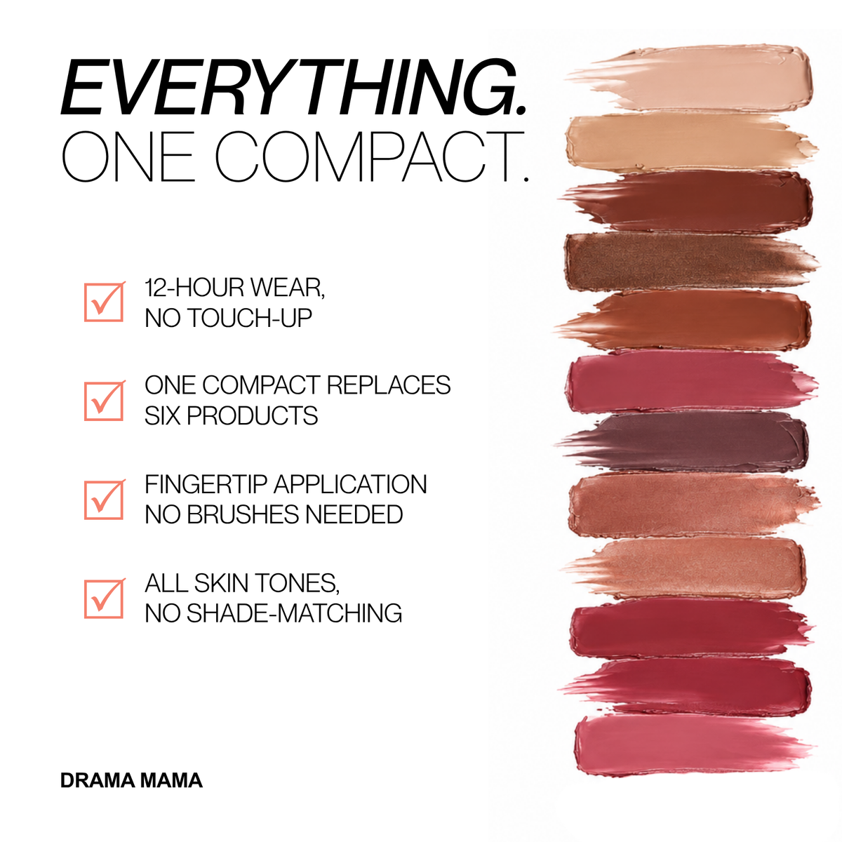 Promotional graphic for Hub for Belle cream all in one makeup palette with bronzer, blush, eyeshadow, concealer and highlighter creams for quick application makeup compact shade range, with the text 'EVERYTHING. ONE COMPACT.