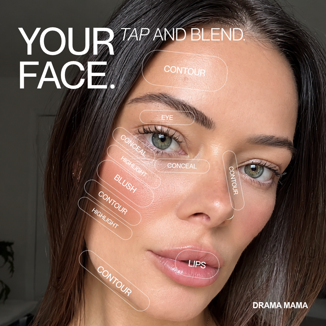 Close-up of a woman's face with makeup contour, concealer, blush, and lip color labeled with text overlays such as 'CONTOUR', 'CONCEAL', 'BLUSH', and 'LIPS'. Large text at the top reads 'YOUR FACE. Makeup by Hub for Belle.