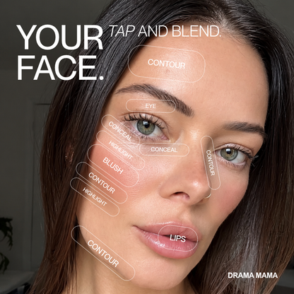 Close-up of a woman's face with makeup contour, concealer, blush, and lip color labeled with text overlays such as 'CONTOUR', 'CONCEAL', 'BLUSH', and 'LIPS'. Large text at the top reads 'YOUR FACE. Makeup by Hub for Belle.