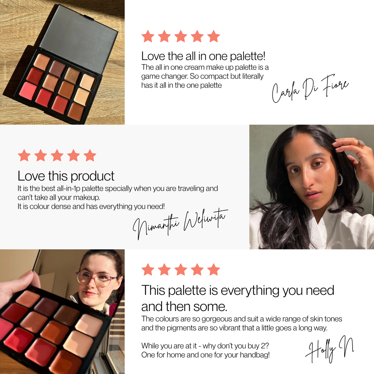 A collage of four promotional panels featuring a compact makeup palette with multiple shades, including a top-left product photo of the open palette and three text-heavy panels with customer reviews on Makeup by Hub for Belle and photos of women. 