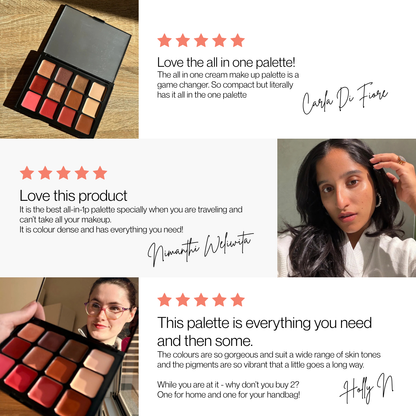 A collage of four promotional panels featuring a compact makeup palette with multiple shades, including a top-left product photo of the open palette and three text-heavy panels with customer reviews on Makeup by Hub for Belle and photos of women. 