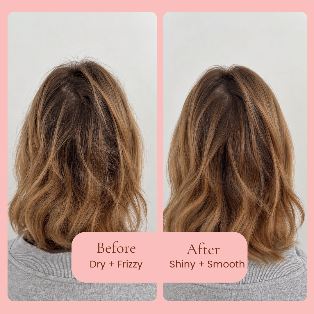 Before and after comparison of a person's shoulder-length wavy hair, showing a dry, frizzy texture on the left and a shiny, smooth texture on the right, After using Mane Treatment moisture restoring, hair growth promoting shampoo and conditioner by Hub for Belle, set against a light gray background with a pink border.