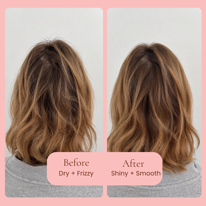 Before and after comparison of a person's shoulder-length wavy hair, showing a dry, frizzy texture on the left and a shiny, smooth texture on the right, After using Mane Treatment moisture restoring, hair growth promoting shampoo and conditioner by Hub for Belle, set against a light gray background with a pink border.