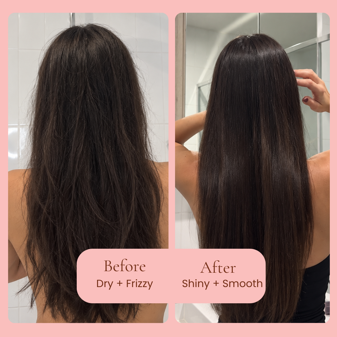 Before and after comparison of a person's long dark brown hair, showing frizzy, dry hair on the left and shiny, smooth hair on the right, After using Mane Treatment moisture restoring, hair growth promoting shampoo and conditioner by Hub for Belle, framed by a pink border with text labels.