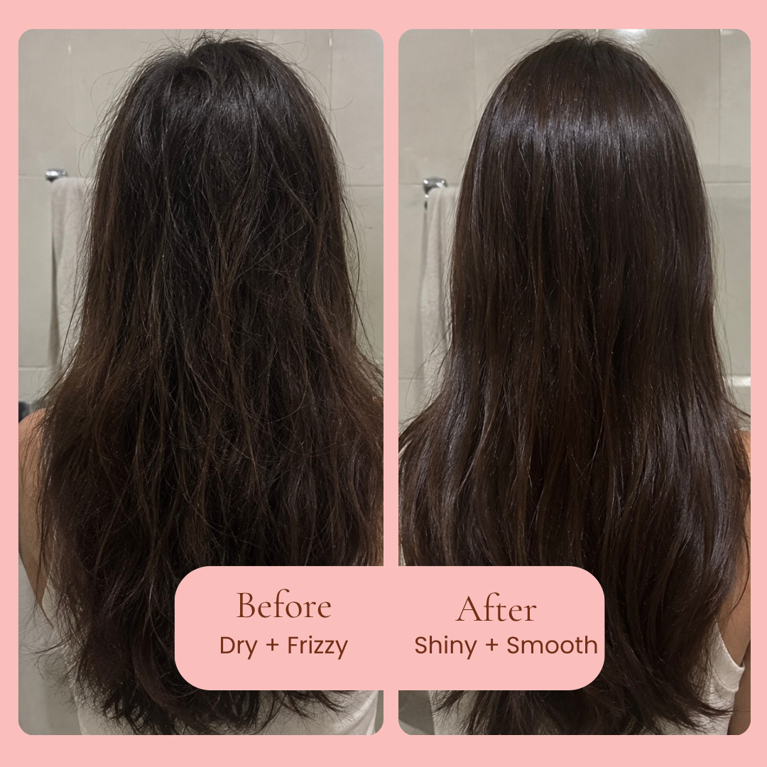 Before and after comparison of a woman's long, dark brown hair, showing frizzy, dry hair on the left and shiny, smooth hair on the right, After using Mane Treatment moisture restoring, hair growth promoting shampoo and conditioner by Hub for Belle, set against a pink background with before and after text labels.