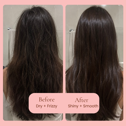 Before and after comparison of a woman's long, dark brown hair, showing frizzy, dry hair on the left and shiny, smooth hair on the right, After using Mane Treatment moisture restoring, hair growth promoting shampoo and conditioner by Hub for Belle, set against a pink background with before and after text labels.