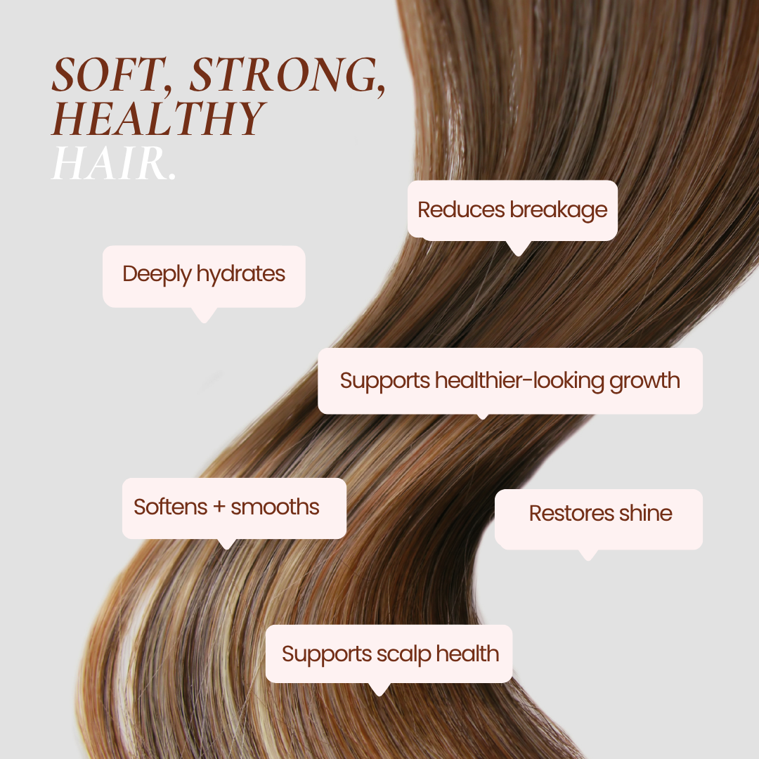 Promotional graphic for Mane Treatment Conditioner by Hub for Belle showing a close-up of long, smooth, glossy brown hair with text callouts listing benefits such as soft, strong, healthy hair, reduces breakage, deeply hydrates, supports healthier-looking grow, softens and smooths, restores shine, and supports scalp health.