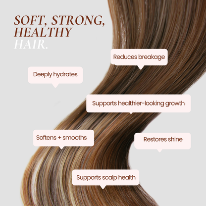 Promotional graphic for Mane Treatment Conditioner by Hub for Belle showing a close-up of long, smooth, glossy brown hair with text callouts listing benefits such as soft, strong, healthy hair, reduces breakage, deeply hydrates, supports healthier-looking grow, softens and smooths, restores shine, and supports scalp health.