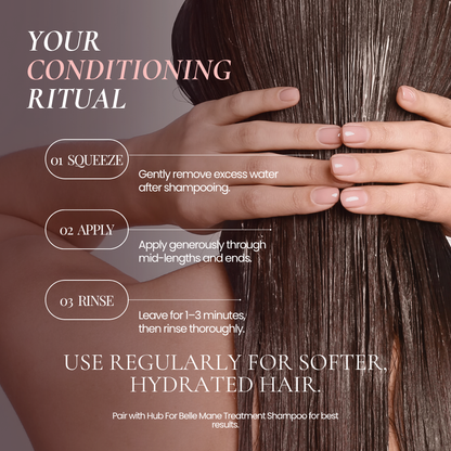 A close-up of a person's hands and long, dark brown hair with text overlays explaining how to use Mane Treatment Conditioner by Hub for Belle: squeeze, apply, and rinse. The text reads 'YOUR CONDITIONING RITUAL' and 'USE REGULARLY FOR SOFTER, HYDRATED HAIR.
