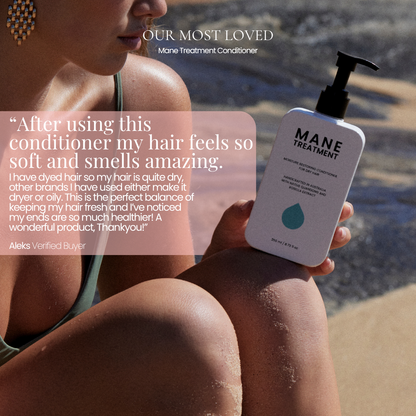 A woman outdoors holds a white pump bottle of Mane Treatment conditioner by Hub for Belle. The image includes a testimonial overlay on the left and product branding at the top.