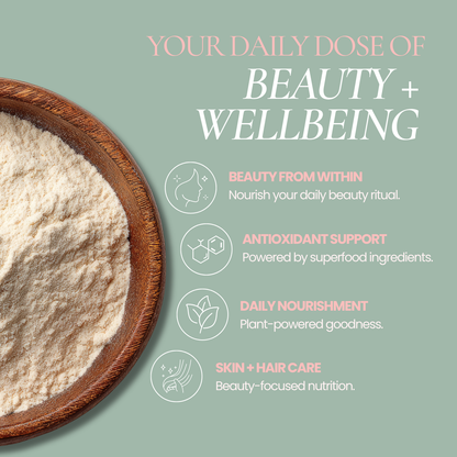 A promotional graphic for Hub for belle beauty and wellbeing powder, featuring a close-up of a wooden bowl filled with a light beige powder on the left, set against a muted sage green background. The right side contains marketing text reading 'YOUR DAILY DOSE OF BEAUTY + WELLBEING' and four feature callouts with icons: 'BEAUTY FROM WITHIN', 'ANTIOXIDANT SUPPORT', 'DAILY NOURISHMENT', and 'SKIN + HAIR CARE'.