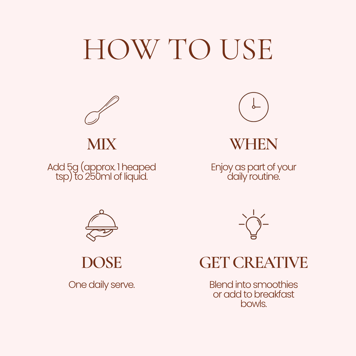 Hub for Belle Beauty and Wellbeing Blend Instructional graphic titled 'HOW TO USE' with four brown icons and text on a pale pink background: Mix, When, Dose, and Get Creative, with brief usage directions for a powder product.