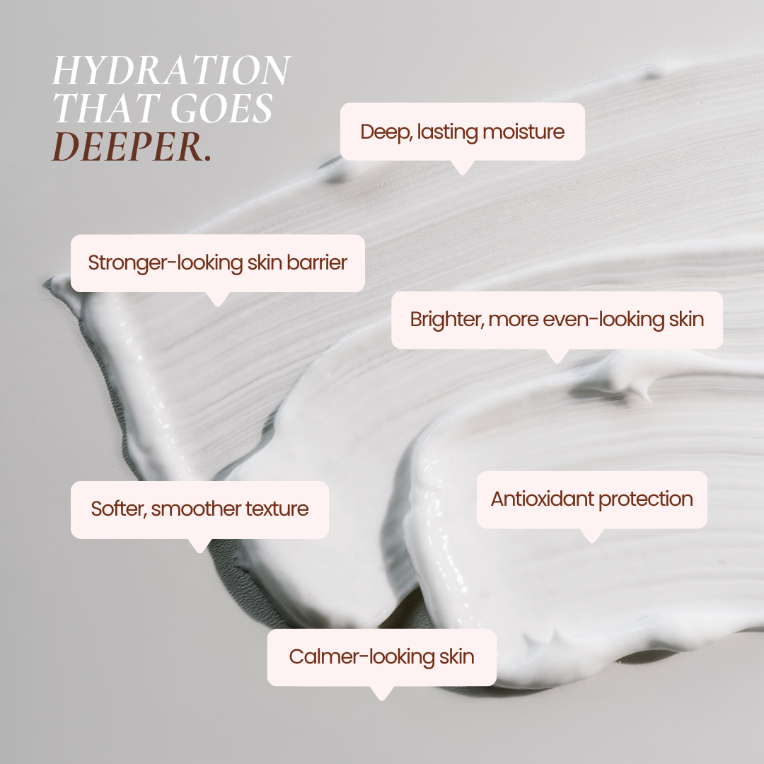 Hub For Belle Antioxidant Hydration Infused Concentrated Face Cream. A close-up of a thick white cream swatch on a light gray background with marketing text callouts reading 'Hydration that goes deeper,' 'Deep, lasting moisture,' 'Stronger-looking skin barrier,' 'Brighter, more even-looking skin,' 'Softer, smoother texture,' 'Antioxidant protection,' and 'Calmer-looking skin.'.