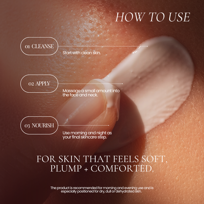 Close-up skincare instruction graphic showing a cream product being applied to skin with three labeled steps: cleanse, apply, and nourish, plus the text 'HOW TO USE' and product benefits for Hub for Belle award winning Antioxidant Hydration Infused Concentrated Face Cream 