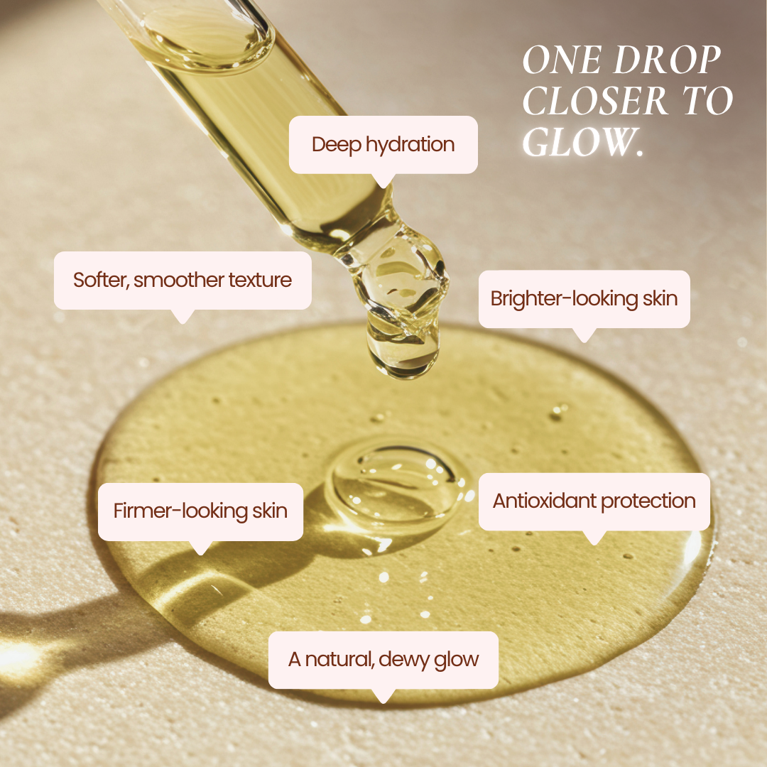 Hub for Belle award winning natural skincare Hydra Glow Facial Oil A close-up cosmetic graphic showing a golden-yellow liquid dropper above a pool of the same serum on a beige surface, with callout labels describing skin benefits: deep hydration, softer smoother texture, brighter-looking skin, firmer-looking skin, antioxidant protection, and a natural dewy glow.