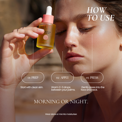 A close-up lifestyle image of a woman holding a dropper bottle of skincare serum, with text overlays explaining how to use it: prep, apply, and press. The serum bottle is amber glass with a pink dropper cap and contains a golden-yellow liquid. A bottle of HUB FOR BELLE award winning natural skincare Hydra Glow Facial Oil 
