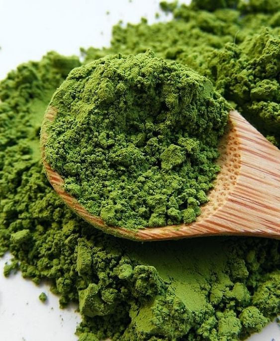 Hub for Belle Skincare, Haircare and Wellness Range powdered green tea on a wooden spoon Ingredient