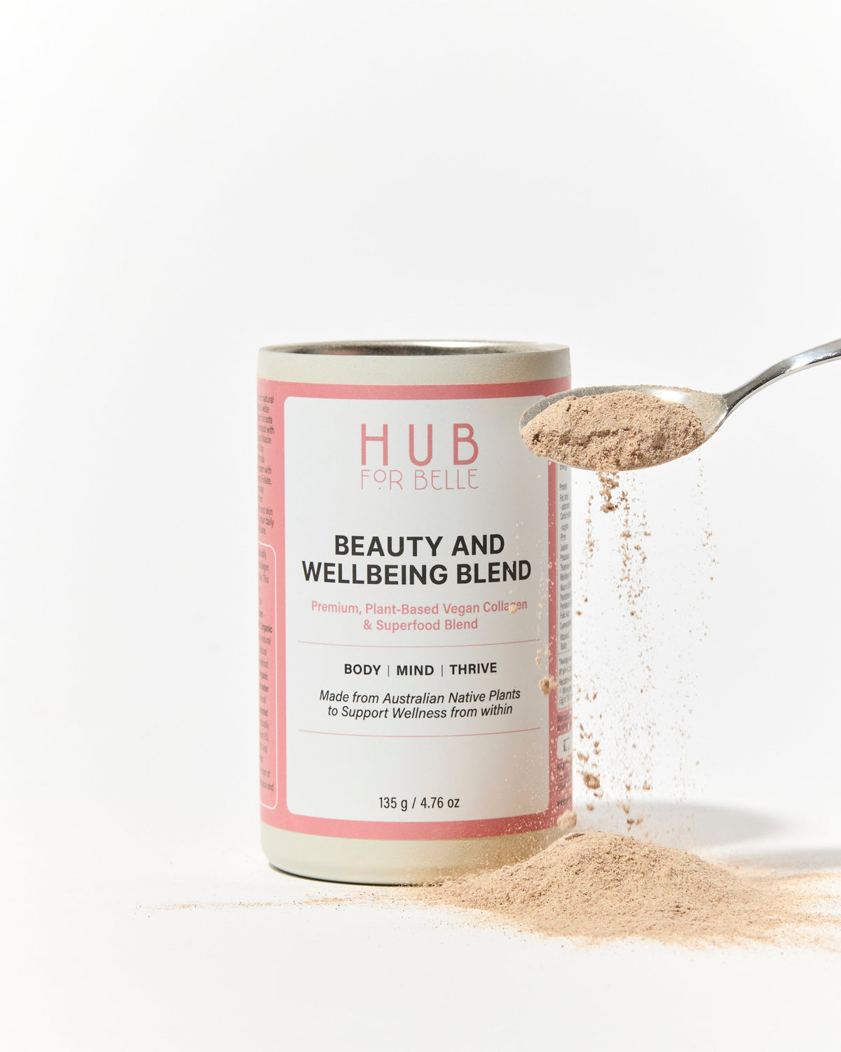 Hub for Belle Beauty and Wellbeing Blend container 2026 Organic beauty winner with spoonful of powder on a white background