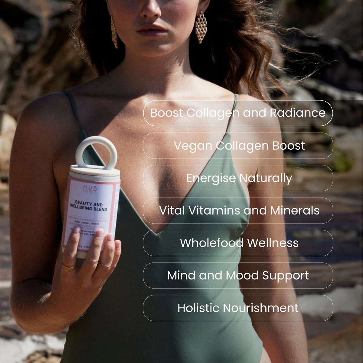 A woman in a green swimsuit holds a white canister of HUB Beauty and Wellness Blend Vegan Collagen Boost. The image features a rocky outdoor background with text overlays detailing the product's benefits.