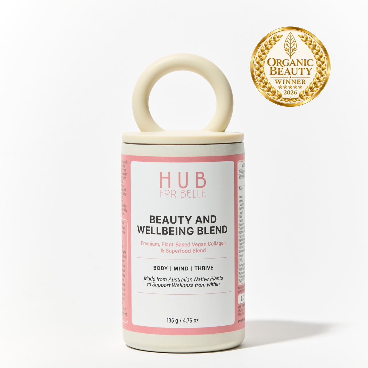 A cylindrical supplement jar with a cream-colored handle and a pink-and-white label reading 'HUB FOR BELLE BEAUTY AND WELLBEING BLEND.' A gold Organic Beauty Winner 2026 badge appears in the top right on a clean white background.
