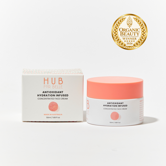 Hub For Belle Antioxidant Hydration Infused Concentrated Face Cream shown in a white jar with a coral-pink lid next to its white packaging box, with an Organic Beauty award winner 2026 badge in the top right corner.