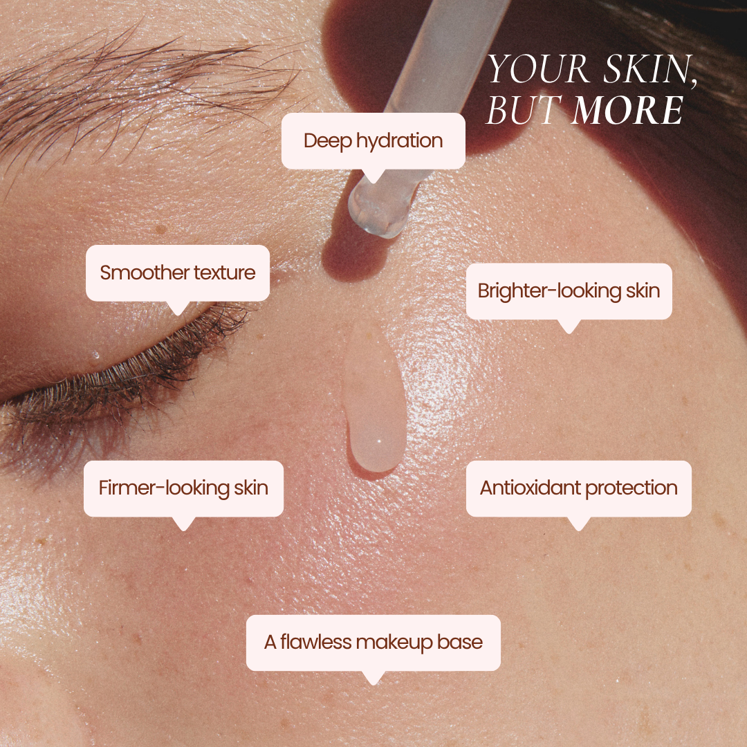 Close-up of a person's face with an applicator dropper touching the skin and several text callouts describing skincare benefits: deep hydration, smoother texture, brighter-looking skin, firmer-looking skin, antioxidant protection, and a flawless makeup base. Hub For Belle award winning natural Hydrating Primer Serum.