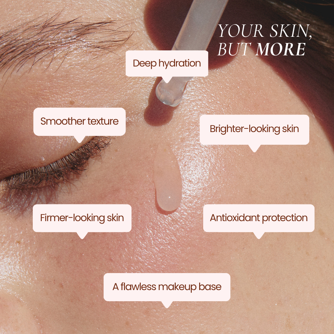 Close-up of a person's face with an applicator dropper touching the skin and several text callouts describing skincare benefits: deep hydration, smoother texture, brighter-looking skin, firmer-looking skin, antioxidant protection, and a flawless makeup base. Hub For Belle award winning natural Hydrating Primer Serum.
