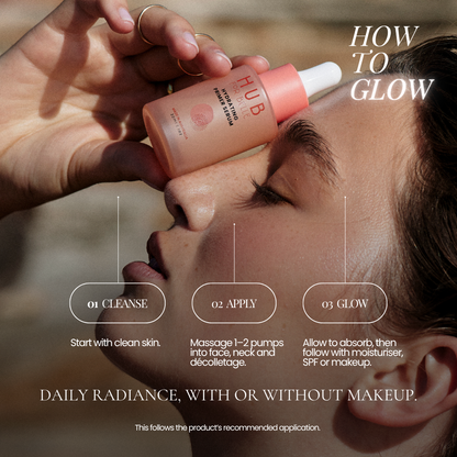 A close-up of a person applying a pink dropper serum from Hub For Belle award winning natural Hydrating Primer serum into their face, with overlaid text reading 'HOW TO GLOW' and three steps: cleanse, apply, and glow.