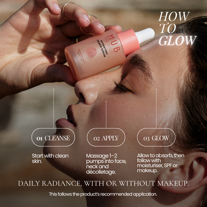 A close-up of a person applying a pink dropper serum from Hub For Belle award winning natural Hydrating Primer serum into their face, with overlaid text reading 'HOW TO GLOW' and three steps: cleanse, apply, and glow.