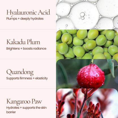 A Hub For Belle award winning natural Hydrating Primer serum ingredient infographic with a pale pink text panel on the left and botanical/ingredient visuals on the right. Text reads: Hyaluronic Acid, Kakadu Plum, Quandong, and Kangaroo Paw, with corresponding ingredient photos including translucent gel bubbles, green plums, a red berry, and red flowers.