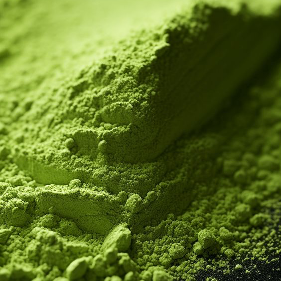 Close-up of green Spirulina powder on a textured surface