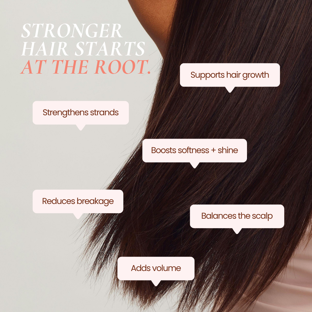 Close-up of long dark brown hair with text callouts listing benefits of Mane Treatment Shampoo by Hub for Belle such as supports hair growth, strengthens strands, boosts softness + shine, reduces breakage, balances the scalp, and adds volume. Large headline reads 'STRONGER HAIR STARTS AT THE ROOT.