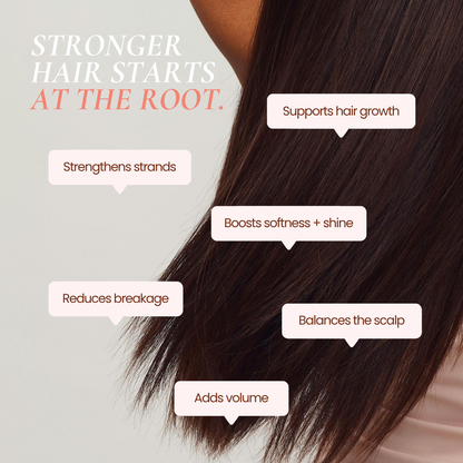 Close-up of long dark brown hair with text callouts listing benefits of Mane Treatment Shampoo by Hub for Belle such as supports hair growth, strengthens strands, boosts softness + shine, reduces breakage, balances the scalp, and adds volume. Large headline reads 'STRONGER HAIR STARTS AT THE ROOT.