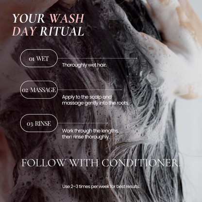 Instructional graphic for Mane Treatment Shampoo by Hub for Belle's hair wash ritual, showing a close-up of wet, lathered hair with overlaid text steps: wet, massage, rinse, and follow with conditioner.
