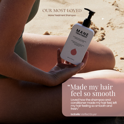 A person sitting on a sandy beach holds a white bottle of Mane Treatment Shampoo by Hub for Belle. The image features promotional text overlays reading 'OUR MOST LOVED Mane Treatment Shampoo' and a customer testimonial.