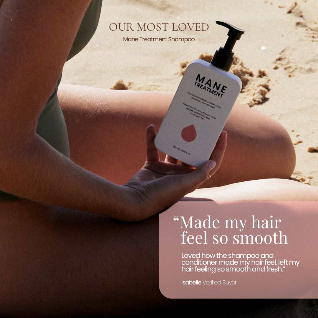 A person sitting on a sandy beach holds a white bottle of Mane Treatment Shampoo by Hub for Belle. The image features promotional text overlays reading 'OUR MOST LOVED Mane Treatment Shampoo' and a customer testimonial.
