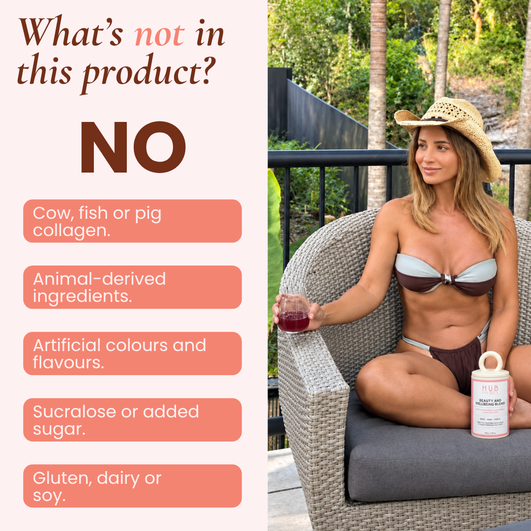 A promotional graphic with text on the left stating what is not in the product, and a woman in a straw hat and bikini sitting on a wicker patio chair on the right. The product container on the table reads Hub for Belle Beauty and Wellbeing Blend