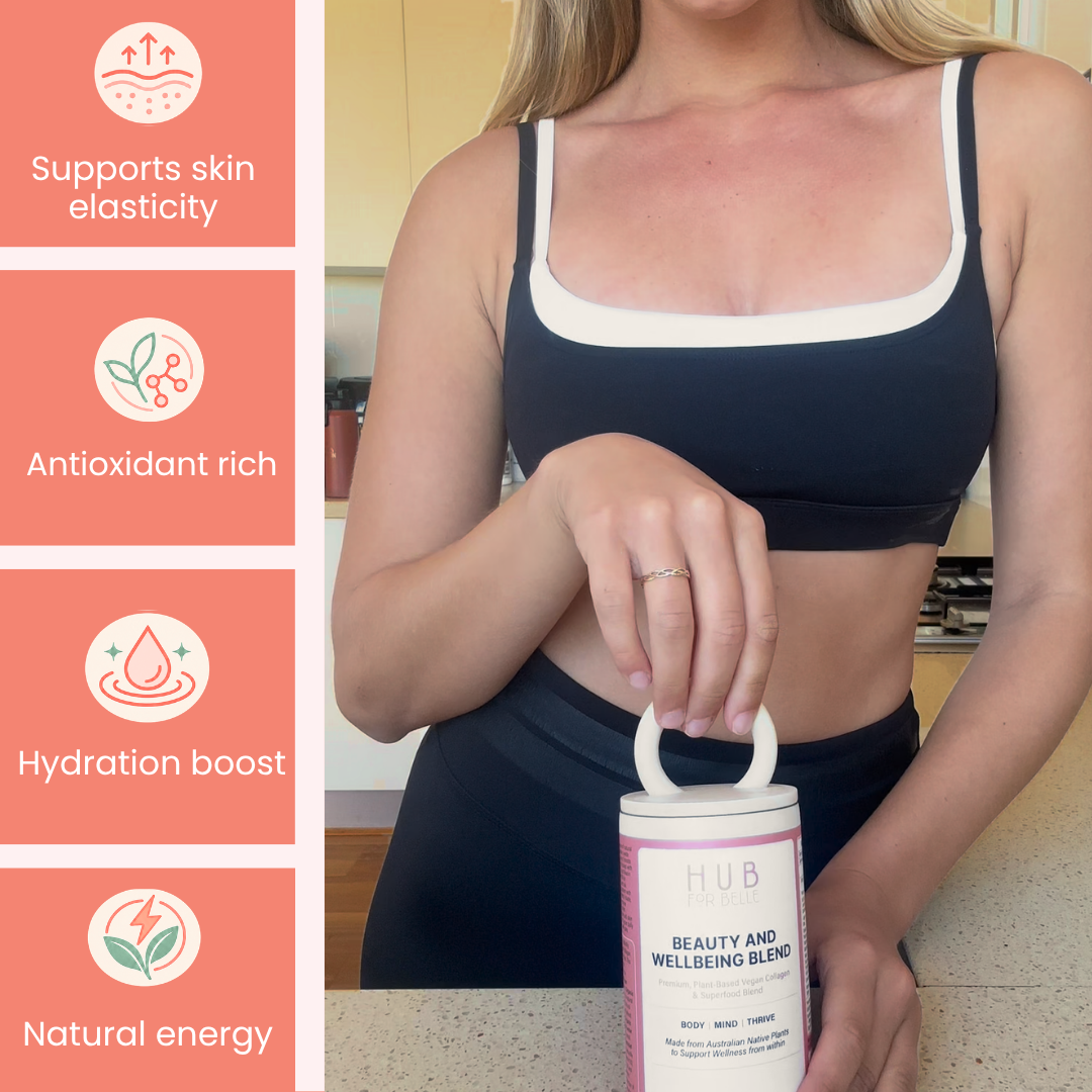 A woman in a black and white sports bra holds a white tub of HUB for Belle Beauty and Wellbeing Blend supplement. The left side features a vertical column of coral-colored informational panels with icons and text for vegan collagen support, skin elasticity support, deep cellular hydration, and natural energy support.